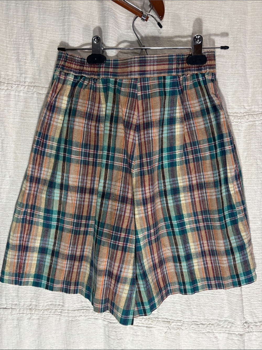 Plaid Wrap-Style Mini Skort in Teal, Brown & Cream Linen Cotton Blend - Picture 4 of 7